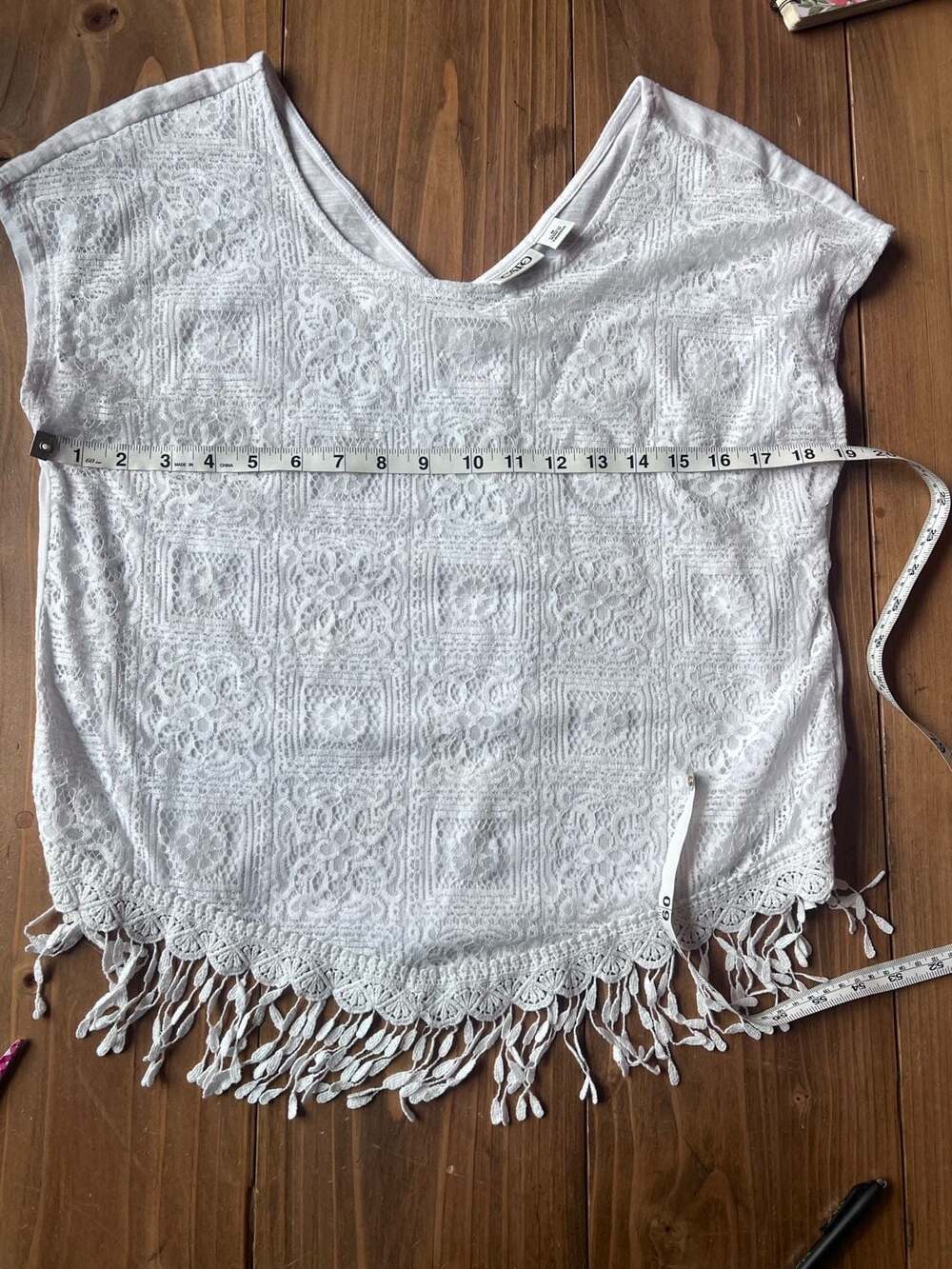 Cato Women's White Lace Crochet Fringe Hem Short Sleeve Top Size M - Picture 5 of 6